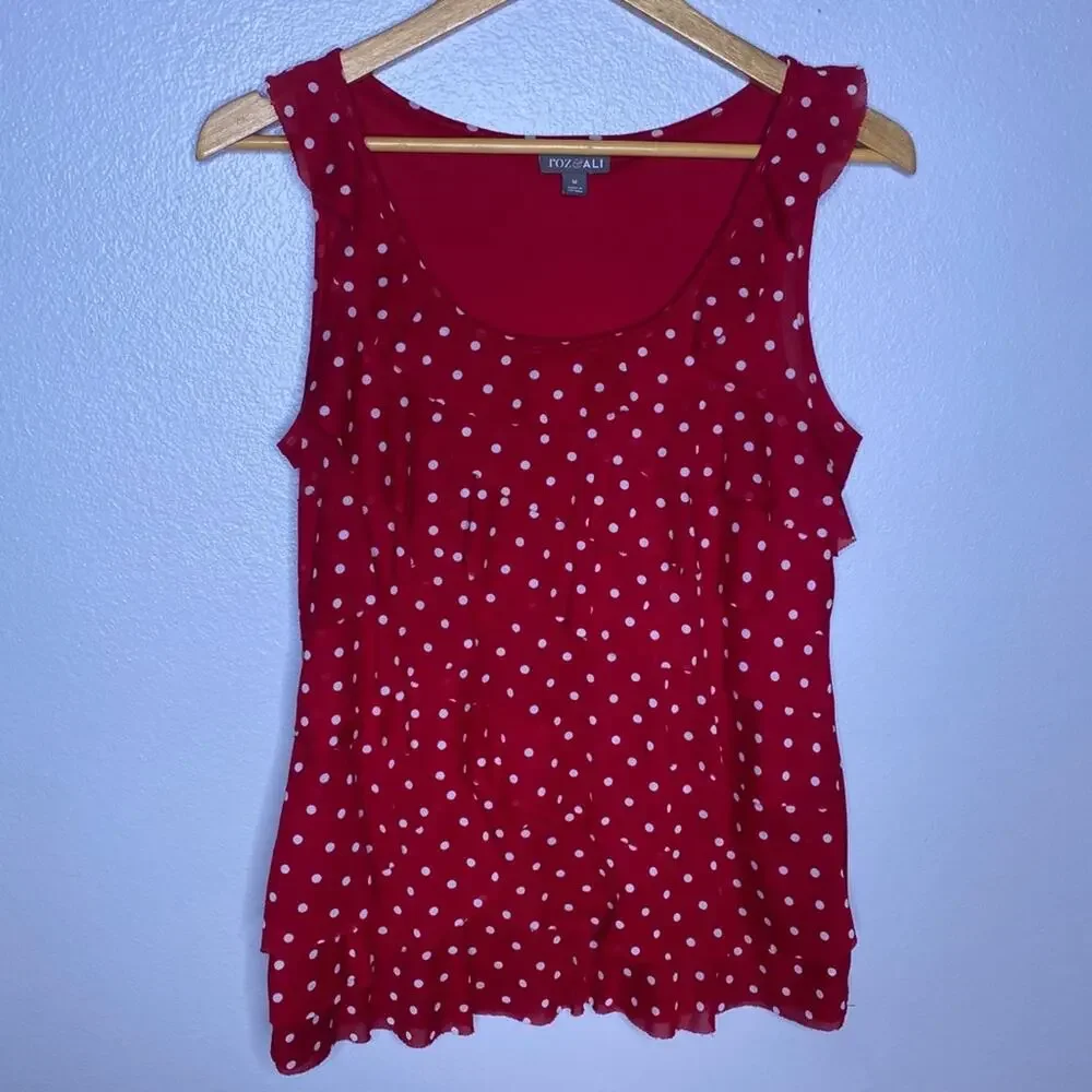 Roz & Ali Red Ruffle Tank w White Dots Medium